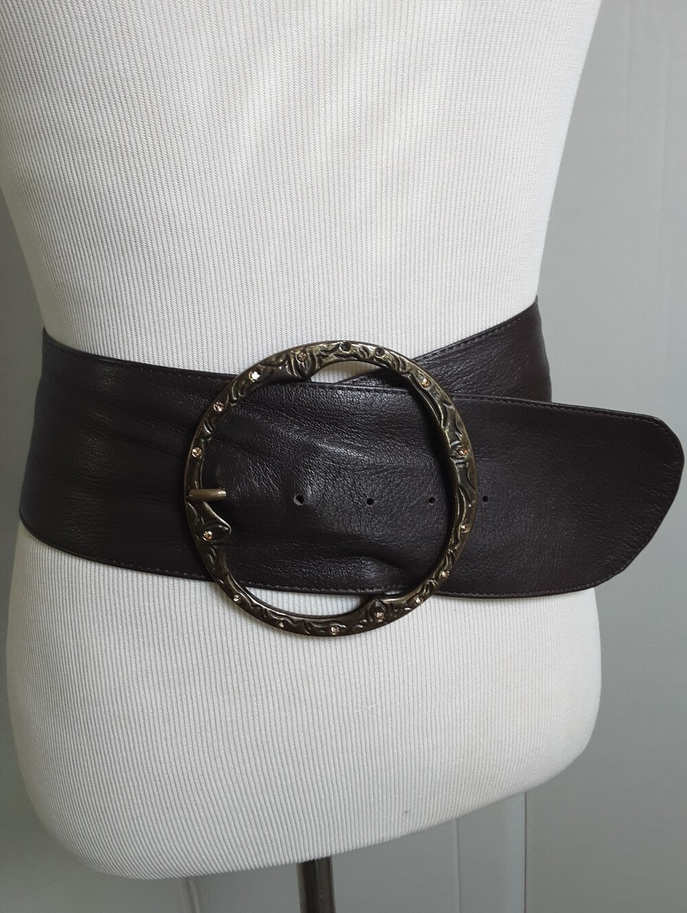 Leather Chocolate Brown Waist Cincher Rhinestone Brass Buckle Belt Sz XL